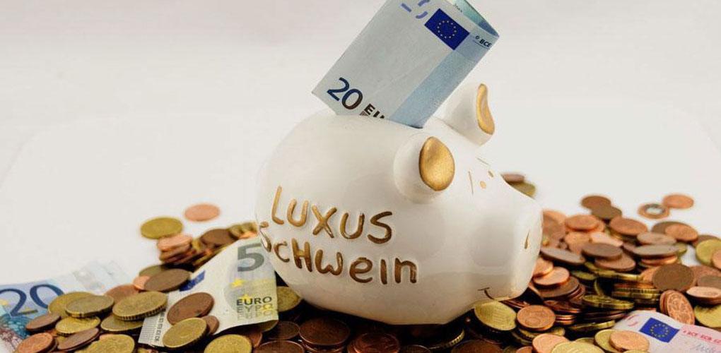 Luxussparschwein mit Münzen und Euro Scheinen
