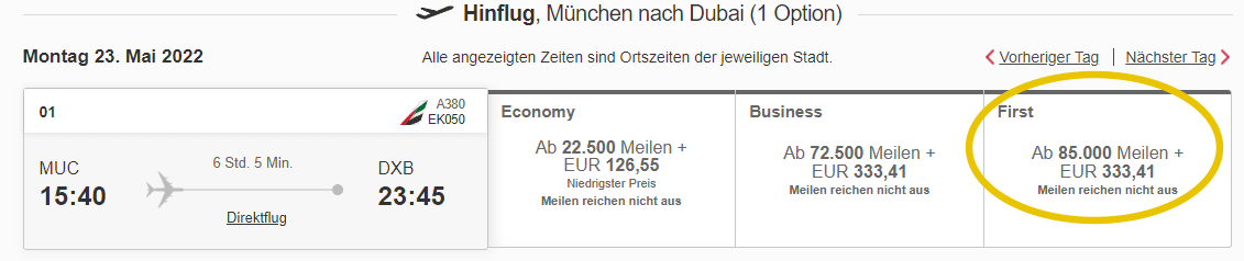 Flug First-Class mit Meilen kostet nur ca. 300€